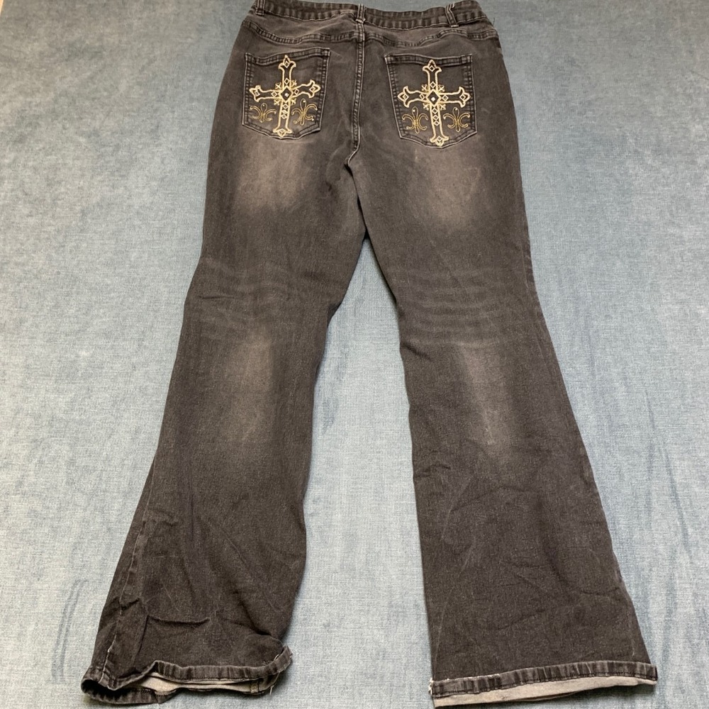 Romwe Jeans Womens 1XL Black Denim Cotton Stretch Beaded Mid Rise Wide Leg